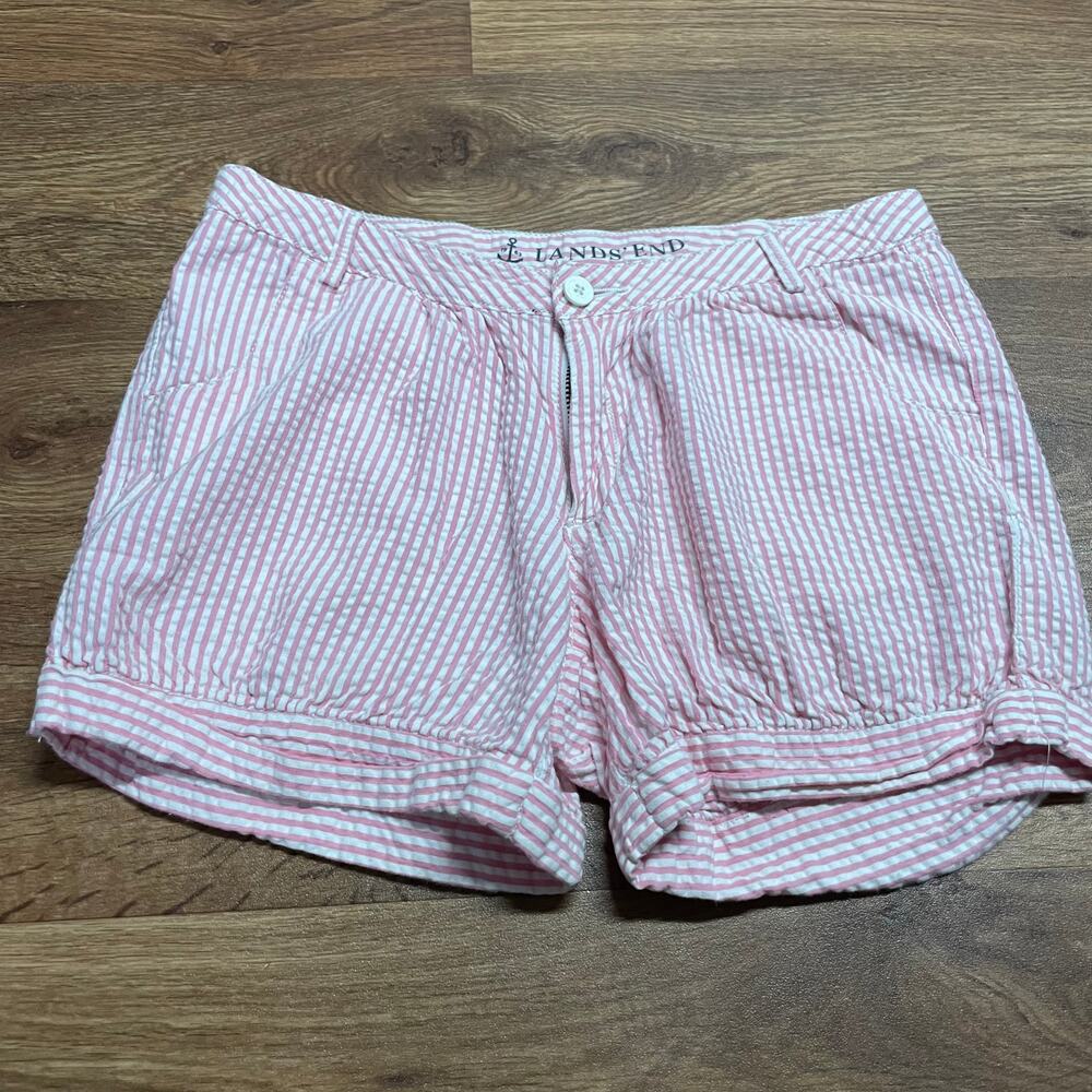 Lands End Girls Pink Seersucker Shorts Cuffed Size 10+ Cotton Casual Summer